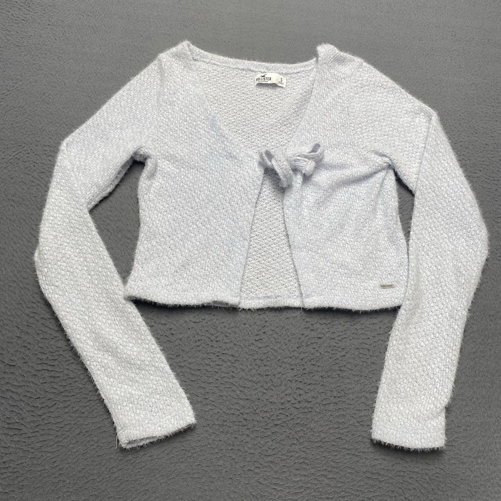 Hollister Sweater Cardigan Juniors Small Gray Tie Front Cropped Knit Logo V Neck